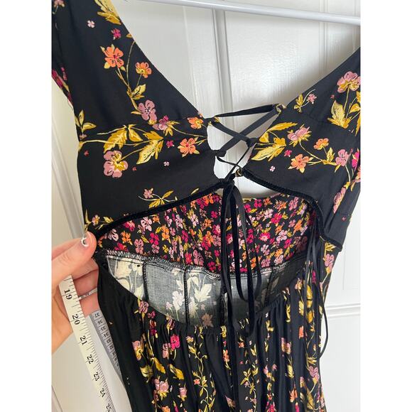 NEW Free People Women's XS Ponderosa Mini Dress Black Yellow Floral Open Back - Picture 13 of 15